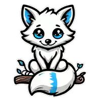 a cartoon drawing of a white fox with blue eyes sitting on a tree branch