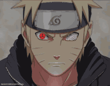 a close up of naruto 's face with a headband and red eyes