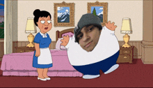 a cartoon of a maid standing next to a fat man in a bedroom