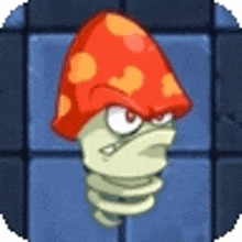 a cartoon mushroom with a red and yellow hat is sitting on a blue tile floor .