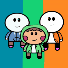 a group of cartoon characters are standing next to each other on a colorful background