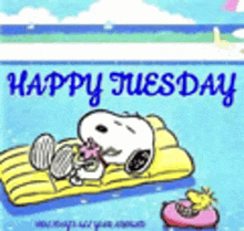 snoopy is floating on a yellow raft in the water and eating a flower .