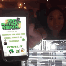 a woman holds up a phone that says saint patrick 's weekends