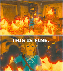 a video game character standing in front of a fire and the words this is fine