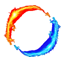 a red and blue circle with two dragons inside of it