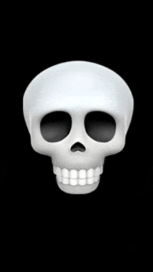 a white skull with black eyes and white teeth is against a black background .