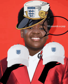 a man wearing a hat that says england is holding two white hats