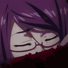 a girl with purple hair and glasses is covering her face with blood