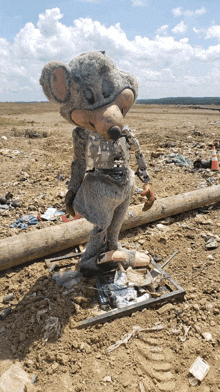 a chuck e cheese mascot statue is standing in a dirt field