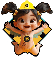 a baby wearing a yellow hard hat and a necklace with the word volo on her chest