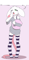 a cartoon drawing of a rabbit with striped socks and a long tail