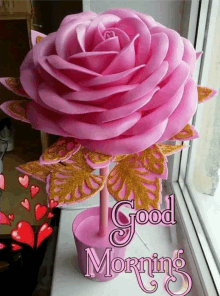 a picture of a pink rose with the words good morning