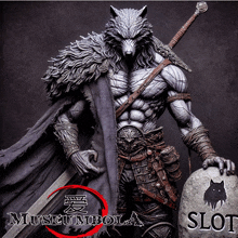 a statue of a werewolf holding a sword and a tombstone that says slot on it