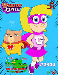 a poster for hamster and gretel with a girl in a pink superhero costume .