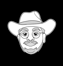 a black and white drawing of a man with a cowboy hat and glasses