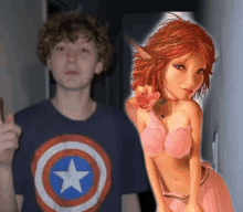 a boy wearing a captain america shirt next to a picture of a girl with red hair