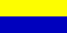 a yellow and blue flag is divided into two equal parts .