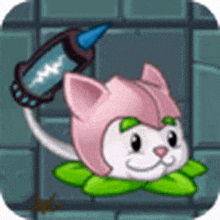 a cartoon cat is wearing a pink helmet and holding a syringe in its mouth .