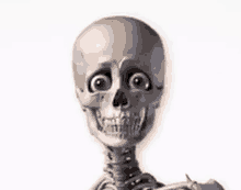 a cartoon skeleton with big eyes is standing on a white surface .