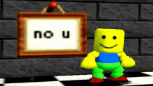 a cartoon character is standing in front of a picture that says no u