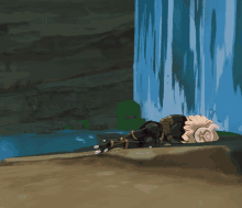 a cartoon character is laying down in front of a waterfall