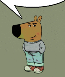 a cartoon bear wearing a grey sweater and blue jeans