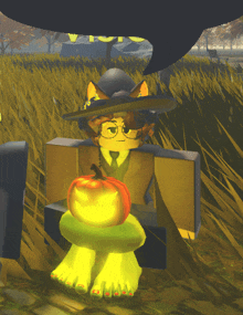 a cartoon character is sitting in a field with a pumpkin