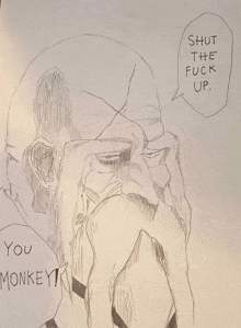 a drawing of an old man with a speech bubble saying shut the fuck up