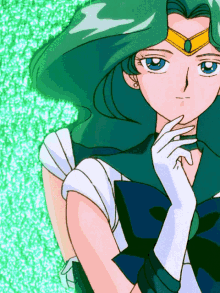 a cartoon character with green hair and a yellow crown