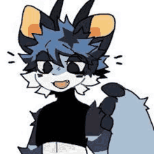 a cartoon drawing of a furry fox with horns and a black shirt .