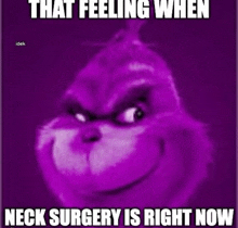 a purple grinch with the words that feeling when neck surgery is right now on it