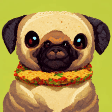 a pug wearing a sandwich around its neck