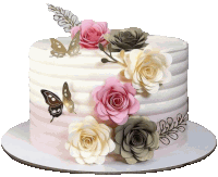 a pink and white cake with paper flowers and butterflies