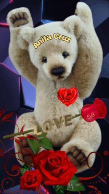 a teddy bear is holding a red rose with the word love on it