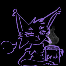 a drawing of a cat holding a cup that says " bruh "