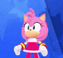 amy rose from the video game sonic the hedgehog is standing in front of a blue wall .