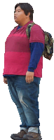 a man in a pink shirt and blue sweater is carrying a backpack