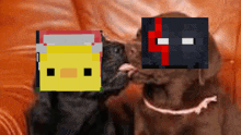 a black dog licking another dog 's face with a pixelated image of a duck on the dog 's face