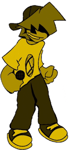 a cartoon character wearing a yellow shirt and black pants is holding a microphone .