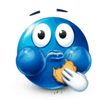 a blue smiley face is eating a cookie with crumbs on its face .