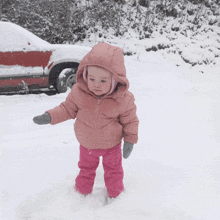 a little girl in a pink jacket and pink pants stands in the snow