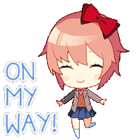 a sticker of a girl with a red bow and the words " on my way "