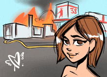 a drawing of a woman standing in front of a building that says 38