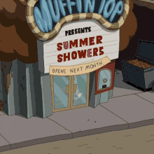 a cartoon drawing of a building with a sign that says muffin top presents summer showers