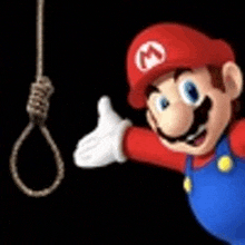 mario is giving a thumbs up in front of a noose hanging from a string .