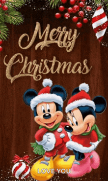 a merry christmas card with mickey and minnie mouse on it