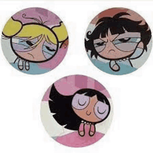 a set of three stickers of the powerpuff girls with different facial expressions .