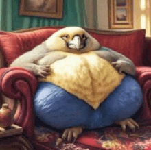 a large bird is sitting on a couch with a pillow on its belly .