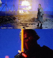 a picture of rey holding a light saber and a picture of kylo ren holding a light saber