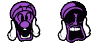 a cartoon character with a purple face and a black skull with white teeth .